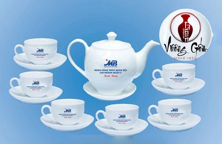 Bộ tách bình trà gốm sứ Minh Long in logo doanh nghiệp